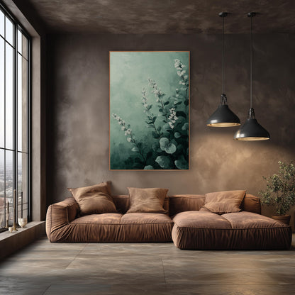 Misty Sage Floral Botanical wall art in an elegant modern room – white flower spikes and round gray-green leaves