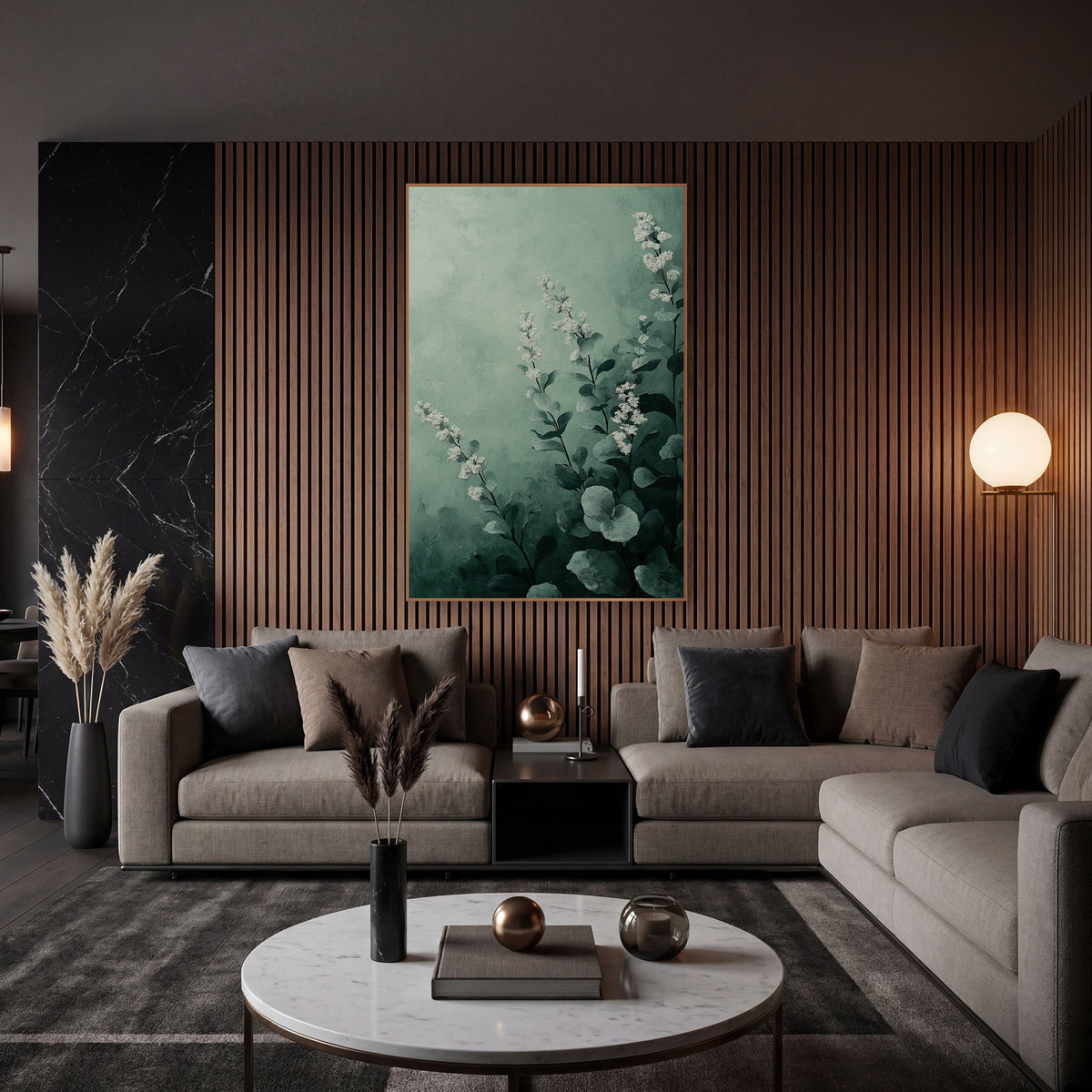 Misty Sage Floral Botanical wall art in an elegant modern room – white flower spikes and round gray-green leaves