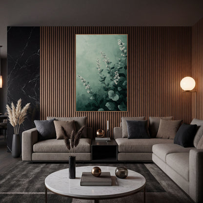 Misty Sage Floral Botanical wall art in an elegant modern room – white flower spikes and round gray-green leaves