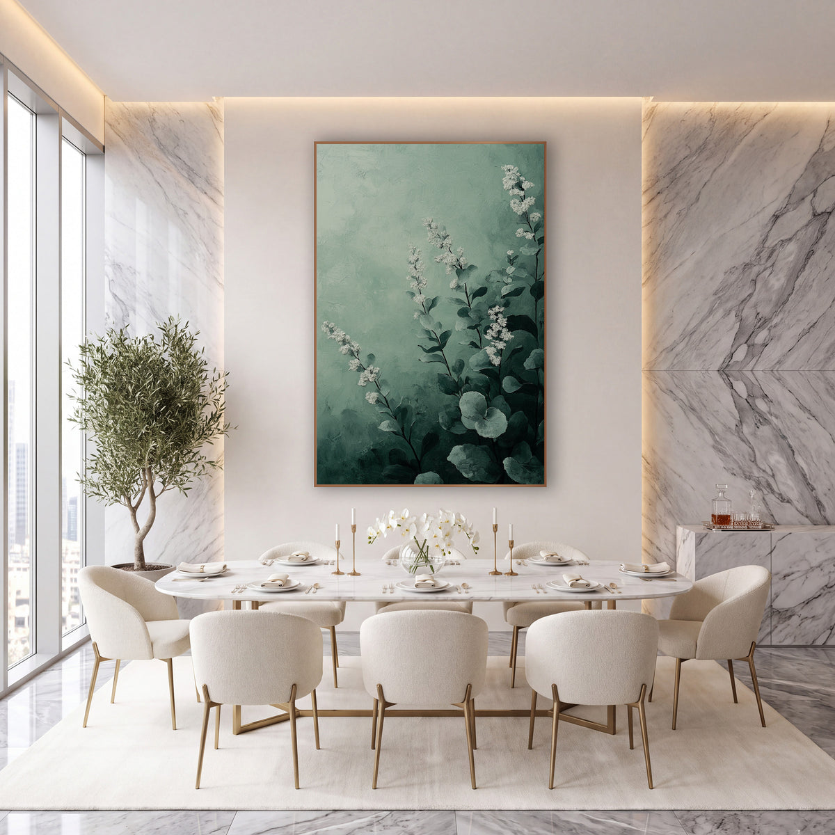 Misty Sage Floral Botanical wall art in an elegant modern room – white flower spikes and round gray-green leaves