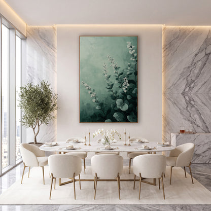 Misty Sage Floral Botanical wall art in an elegant modern room – white flower spikes and round gray-green leaves