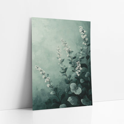Misty Sage Floral Botanical art print leaning against a white wall – white flower spikes and round gray-green leaves on dark