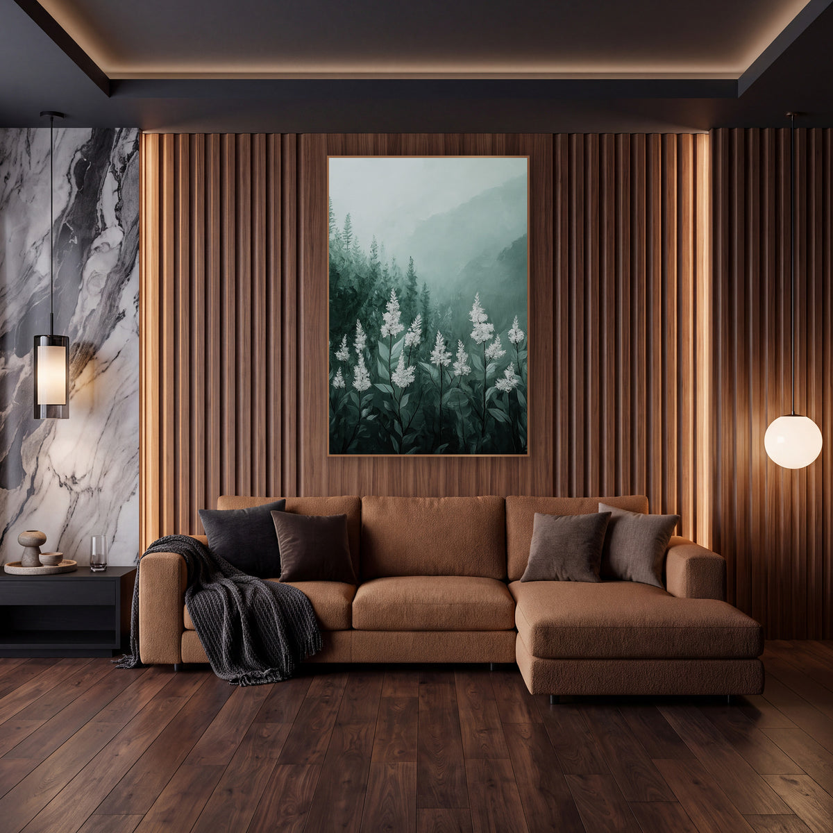 White Flower Spikes Misty Forest wall art in an elegant modern room – white flower spikes on green stems in front