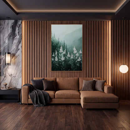 White Flower Spikes Misty Forest wall art in an elegant modern room – white flower spikes on green stems in front