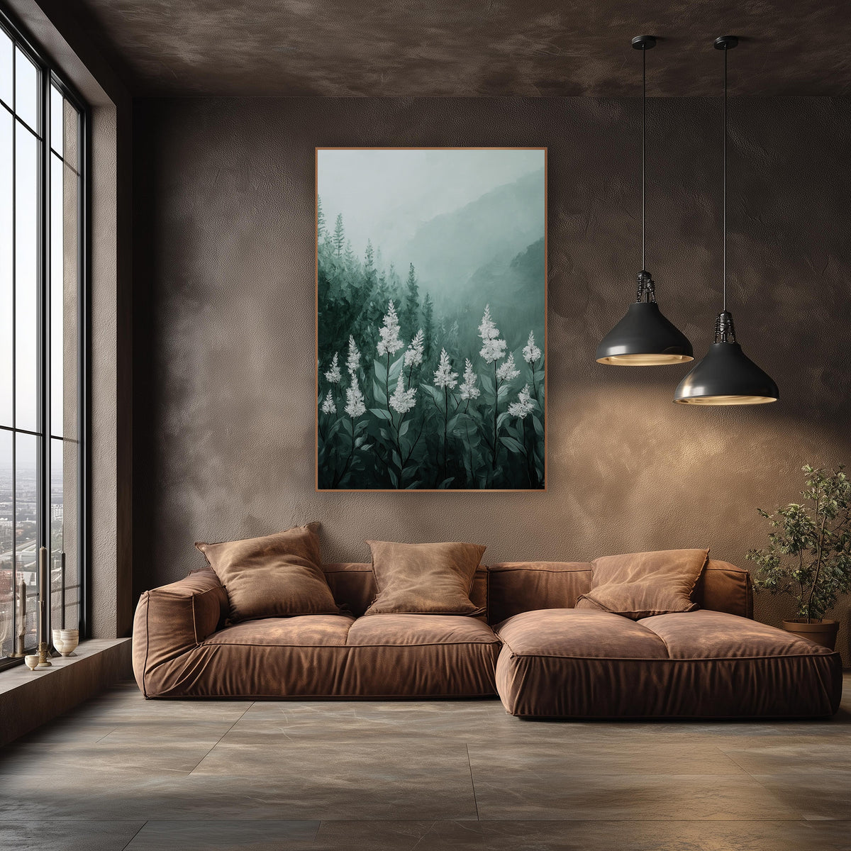 White Flower Spikes Misty Forest wall art in an elegant modern room – white flower spikes on green stems in front