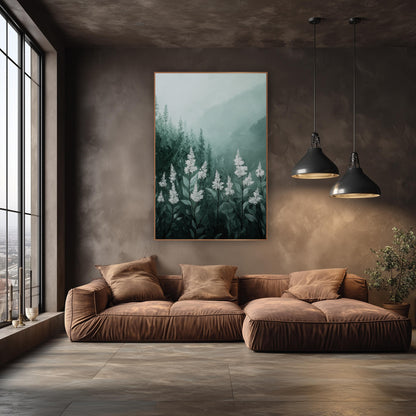 White Flower Spikes Misty Forest wall art in an elegant modern room – white flower spikes on green stems in front