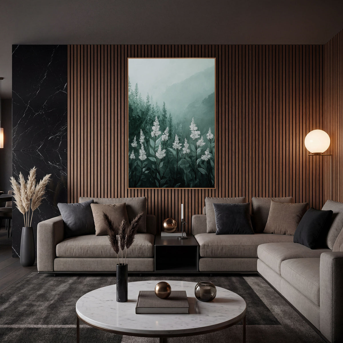 White Flower Spikes Misty Forest wall art in an elegant modern room – white flower spikes on green stems in front