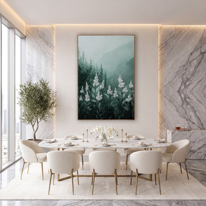 White Flower Spikes Misty Forest wall art in an elegant modern room – white flower spikes on green stems in front