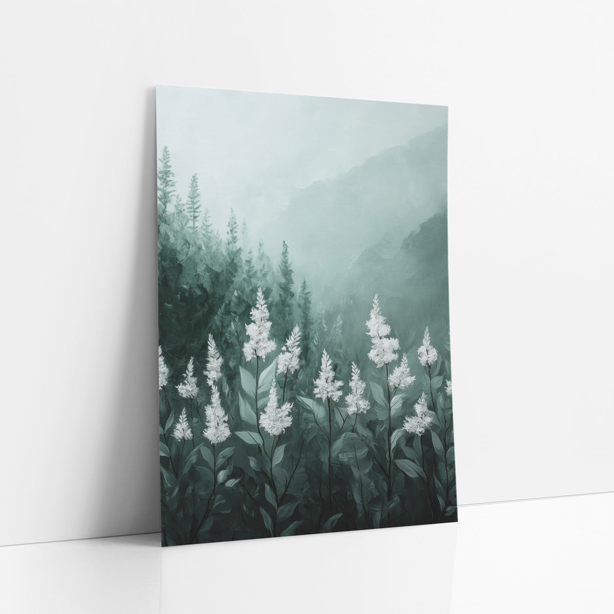 White Flower Spikes Misty Forest art print leaning against a white wall – white flower spikes on green stems in front