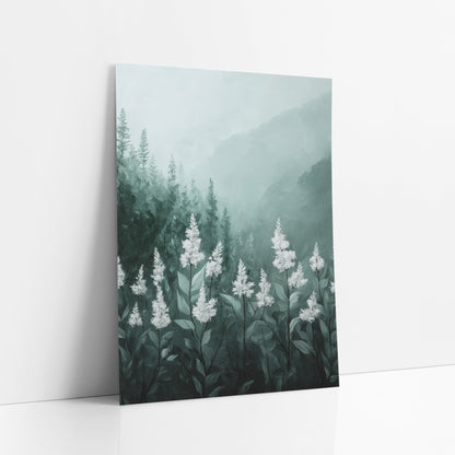 White Flower Spikes Misty Forest art print leaning against a white wall – white flower spikes on green stems in front