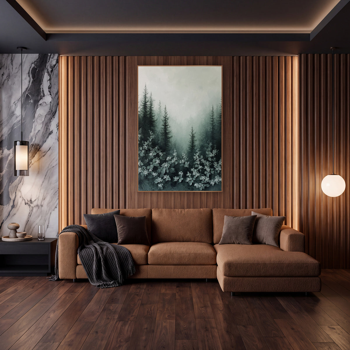 Dogwood Blooms Spruce Fog Painted wall art in an elegant modern room – tall dark evergreens in pale fog above