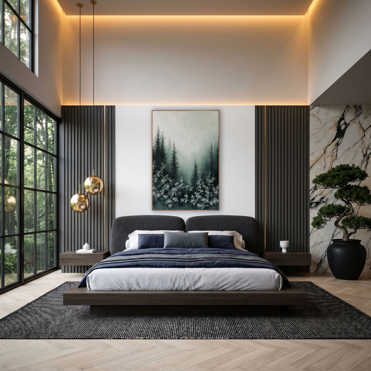 Dogwood Blooms Spruce Fog Painted wall art in an elegant modern room – tall dark evergreens in pale fog above