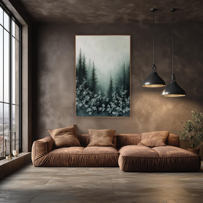 Dogwood Blooms Spruce Fog Painted wall art in an elegant modern room – tall dark evergreens in pale fog above