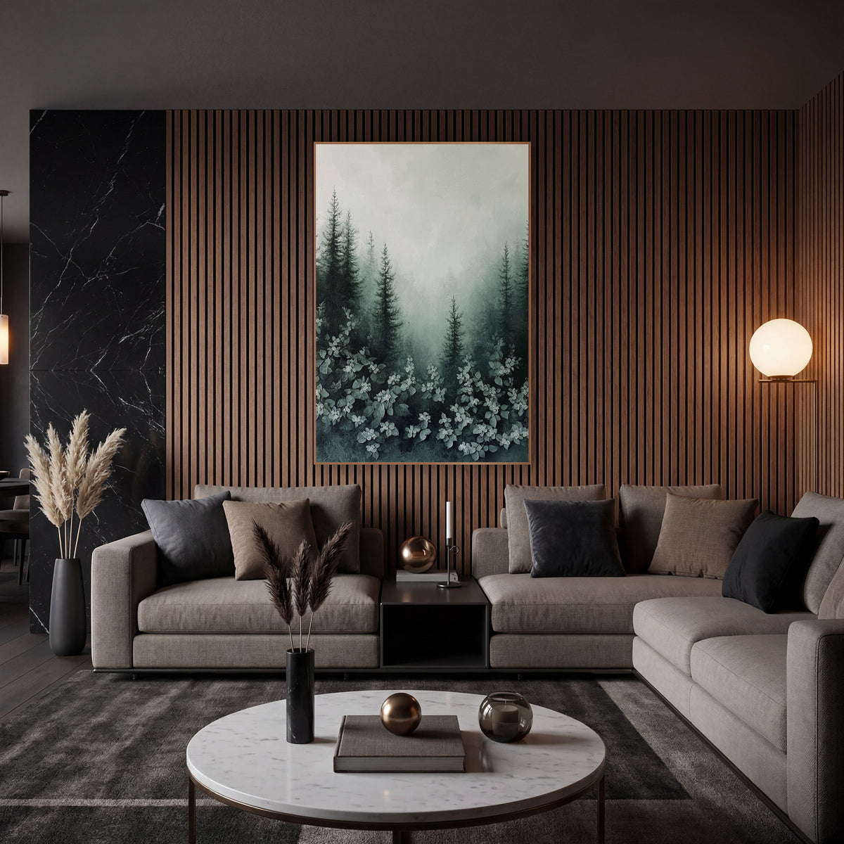 Dogwood Blooms Spruce Fog Painted wall art in an elegant modern room – tall dark evergreens in pale fog above
