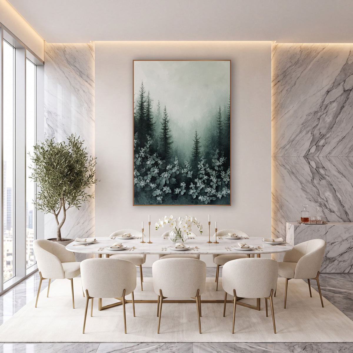 Dogwood Blooms Spruce Fog Painted wall art in an elegant modern room – tall dark evergreens in pale fog above