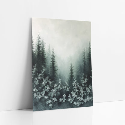 Dogwood Blooms Spruce Fog Painted art print leaning against a white wall – tall dark evergreens in pale fog above gray-green