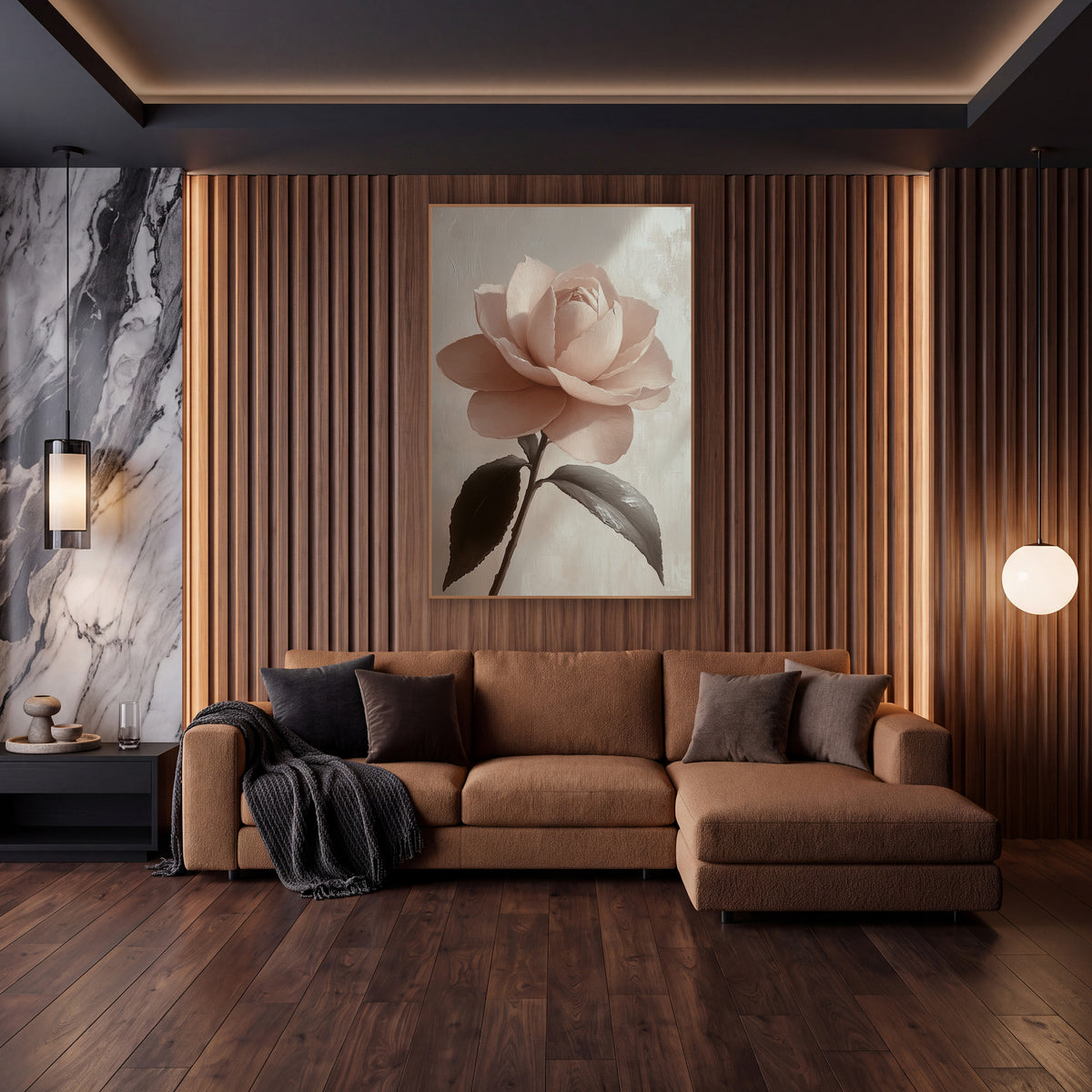 Sidelit Camellia Leaf Shadow Study wall art in an elegant modern room – single blush pink camellia with layered petals