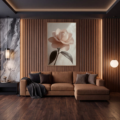 Sidelit Camellia Leaf Shadow Study wall art in an elegant modern room – single blush pink camellia with layered petals