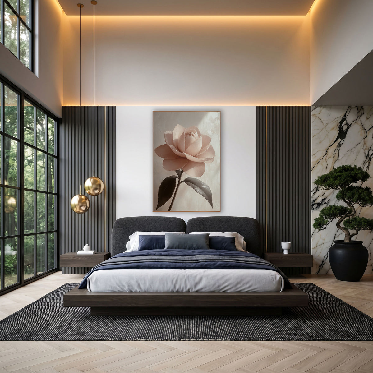 Sidelit Camellia Leaf Shadow Study wall art in an elegant modern room – single blush pink camellia with layered petals