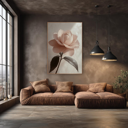 Sidelit Camellia Leaf Shadow Study wall art in an elegant modern room – single blush pink camellia with layered petals
