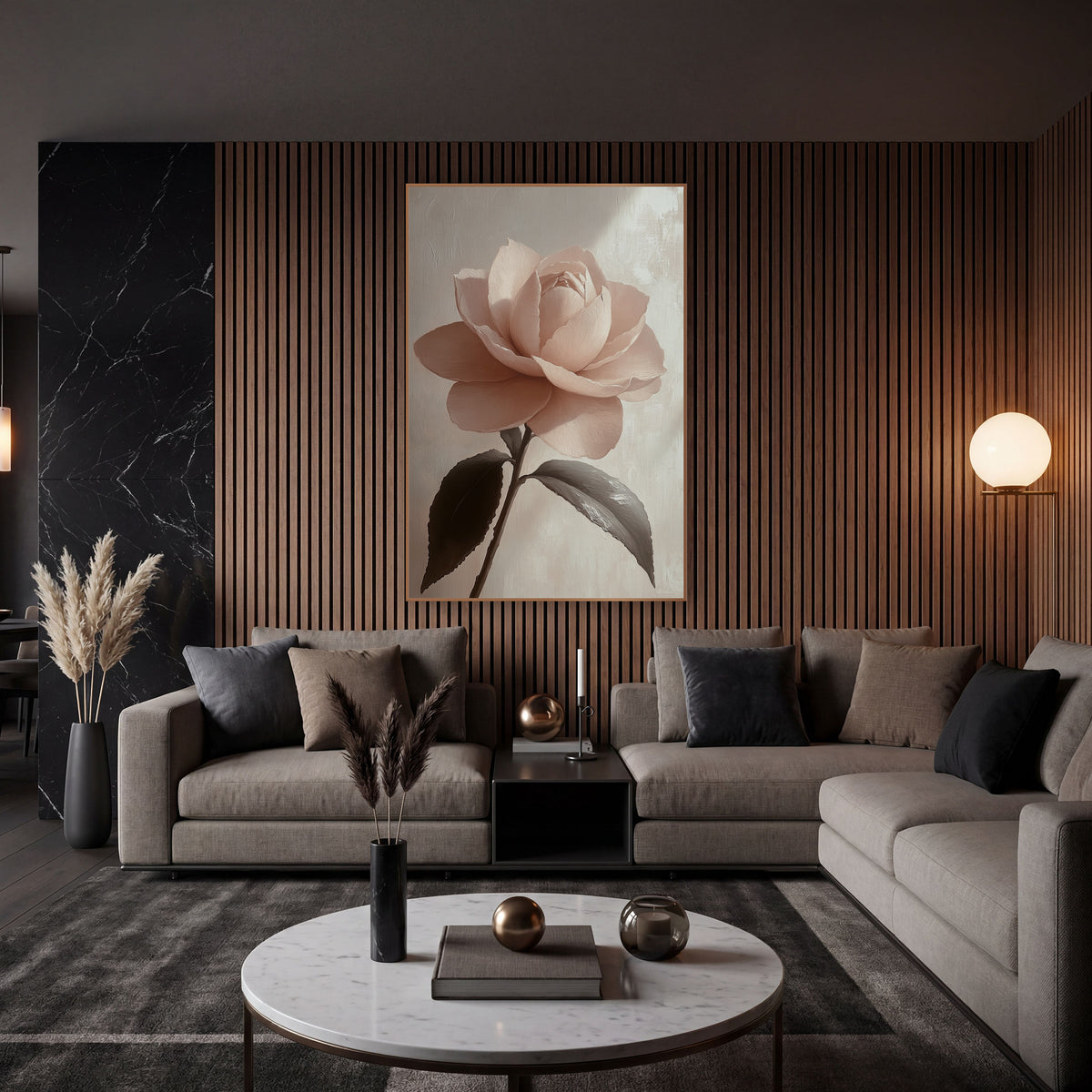 Sidelit Camellia Leaf Shadow Study wall art in an elegant modern room – single blush pink camellia with layered petals