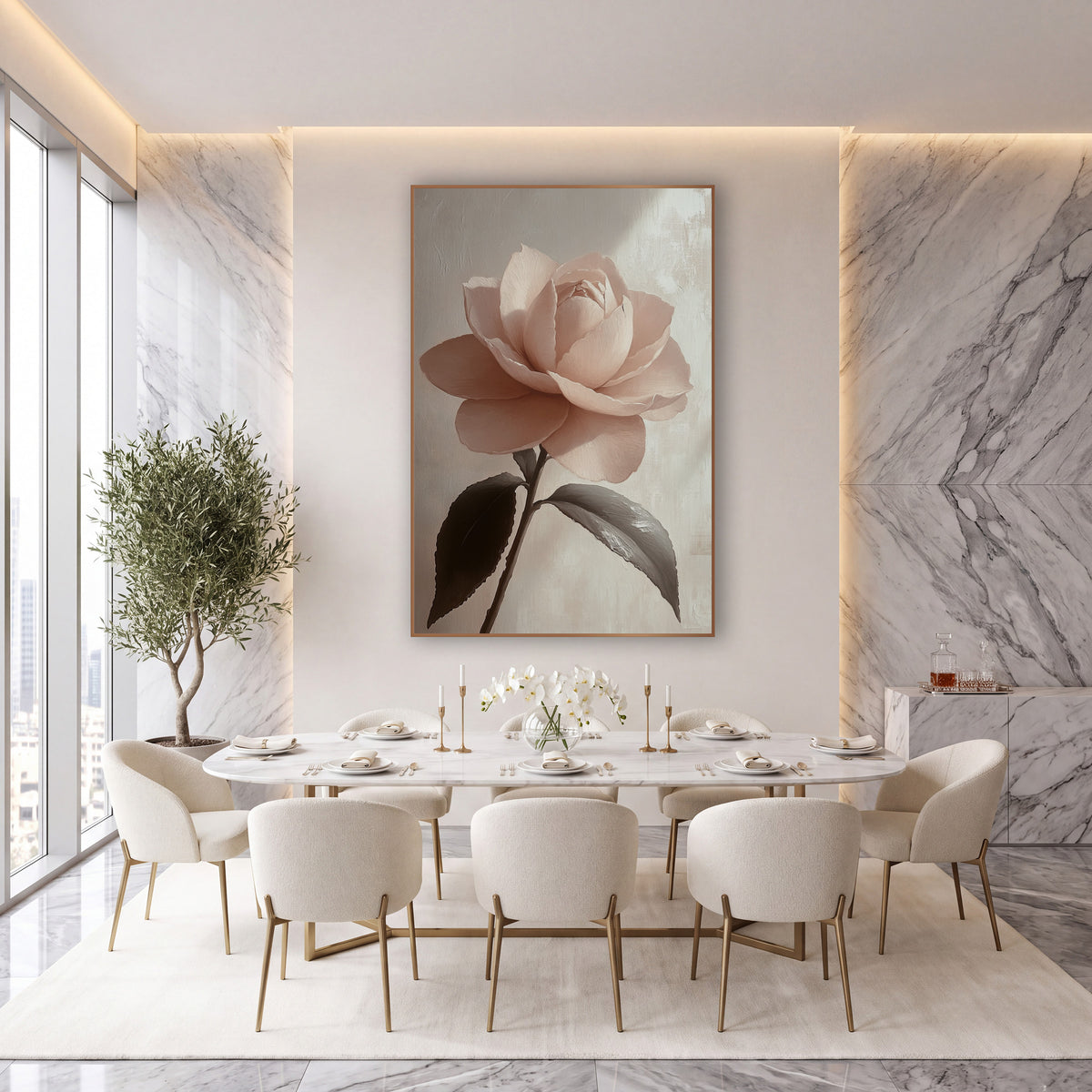 Sidelit Camellia Leaf Shadow Study wall art in an elegant modern room – single blush pink camellia with layered petals