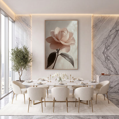 Sidelit Camellia Leaf Shadow Study wall art in an elegant modern room – single blush pink camellia with layered petals
