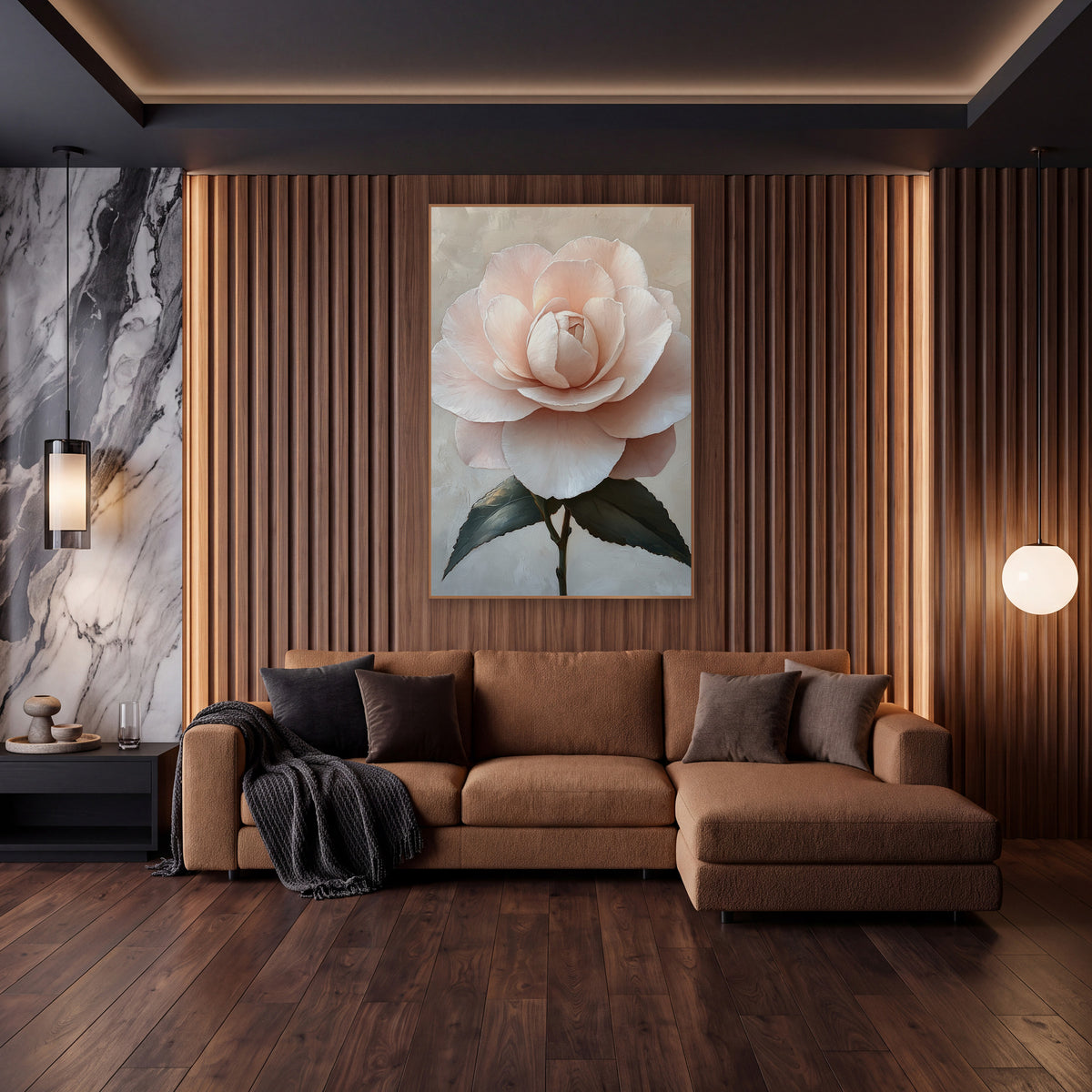 Blush Pink Camellia Romantic Floral wall art in an elegant modern room – large blush pink camellia with layered petals