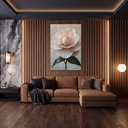 Blush Pink Camellia Romantic Floral wall art in an elegant modern room – large blush pink camellia with layered petals