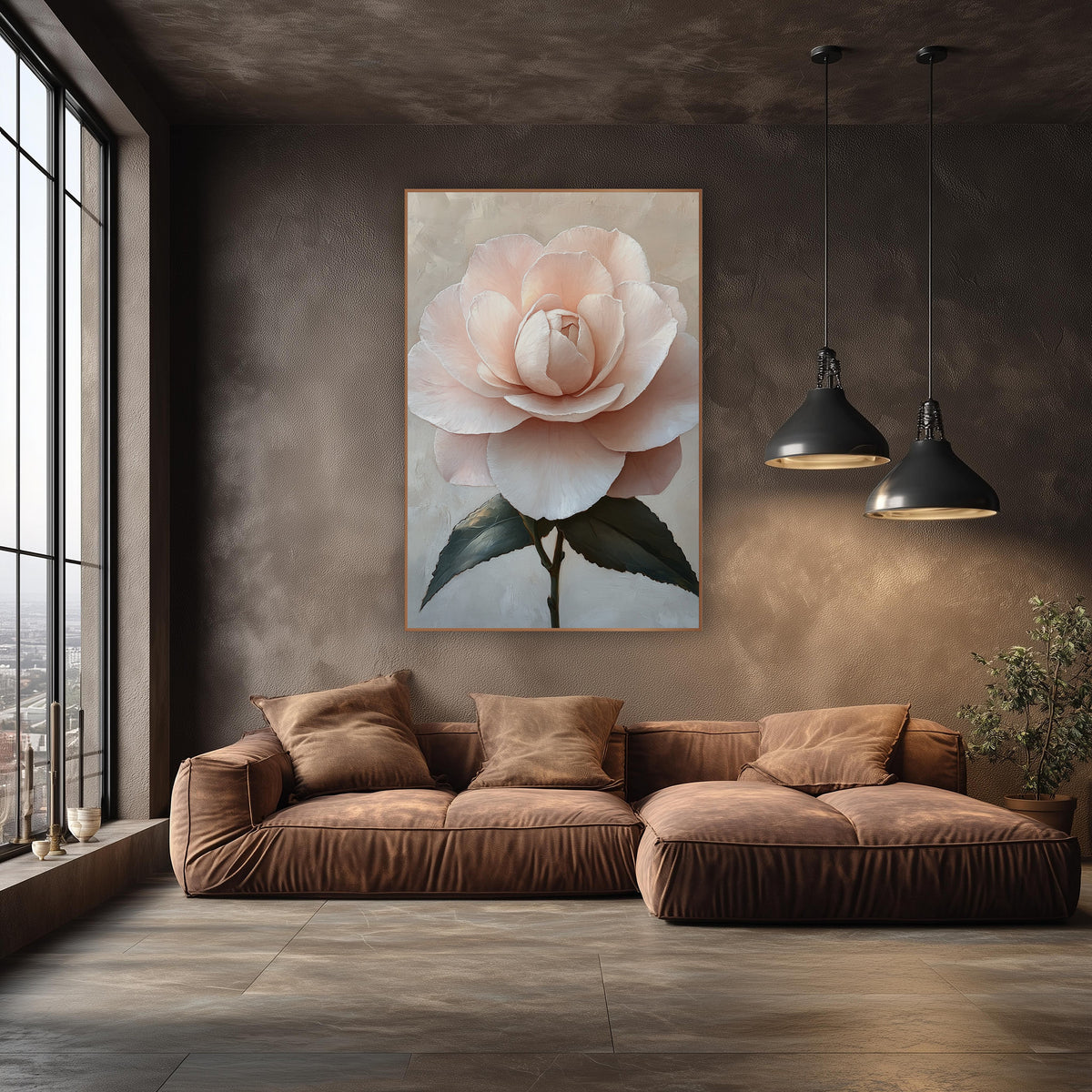 Blush Pink Camellia Romantic Floral wall art in an elegant modern room – large blush pink camellia with layered petals