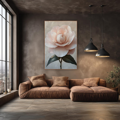 Blush Pink Camellia Romantic Floral wall art in an elegant modern room – large blush pink camellia with layered petals