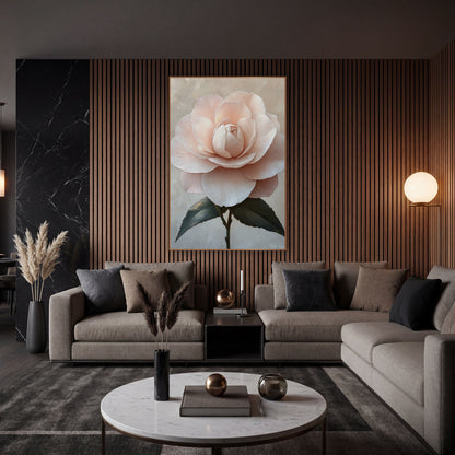 Blush Pink Camellia Romantic Floral wall art in an elegant modern room – large blush pink camellia with layered petals