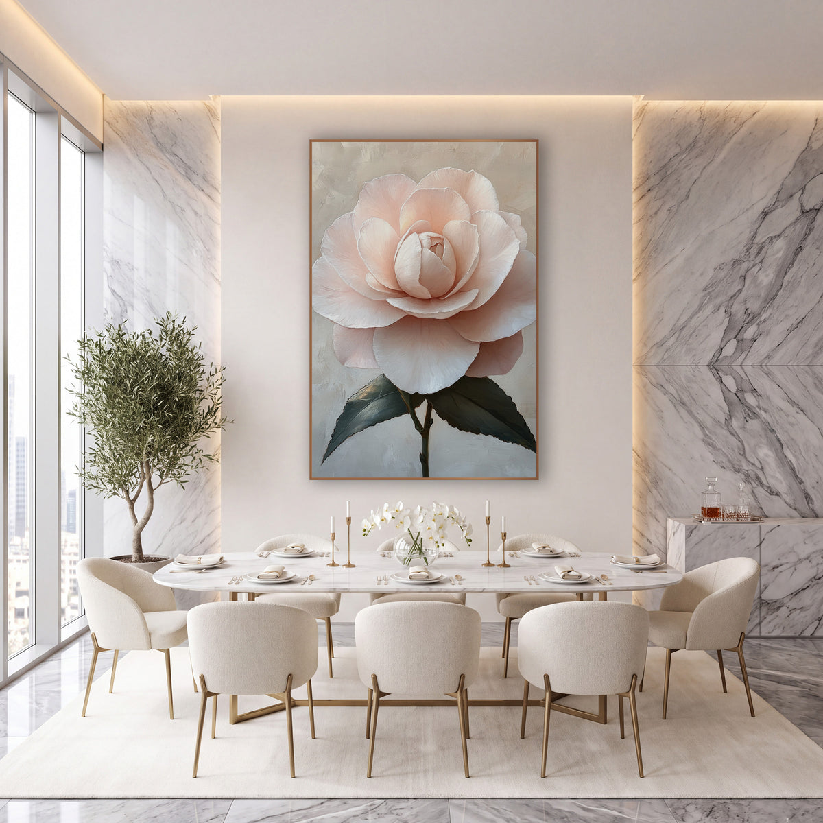 Blush Pink Camellia Romantic Floral wall art in an elegant modern room – large blush pink camellia with layered petals