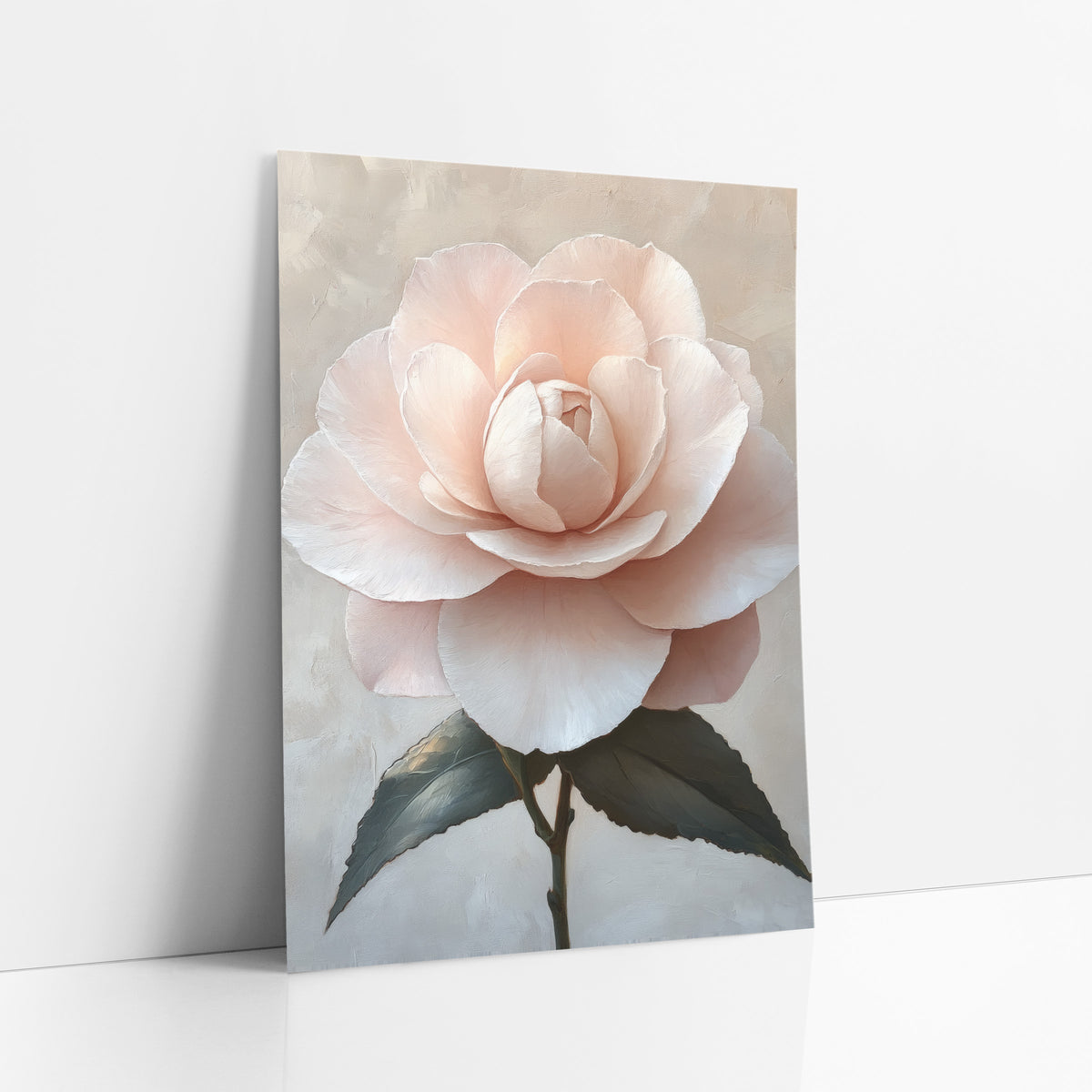 Blush Pink Camellia Romantic Floral art print leaning against a white wall – large blush pink camellia with layered petals