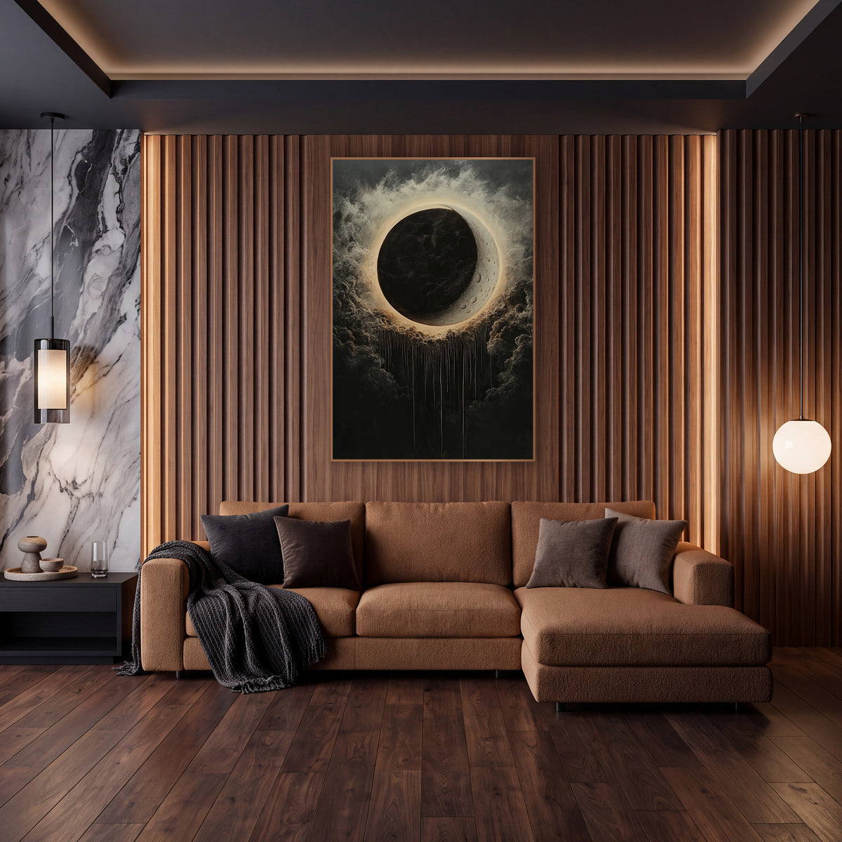 Dark Eclipse Halo Celestial Luxe wall art in an elegant modern room – black eclipse with a glowing cream halo