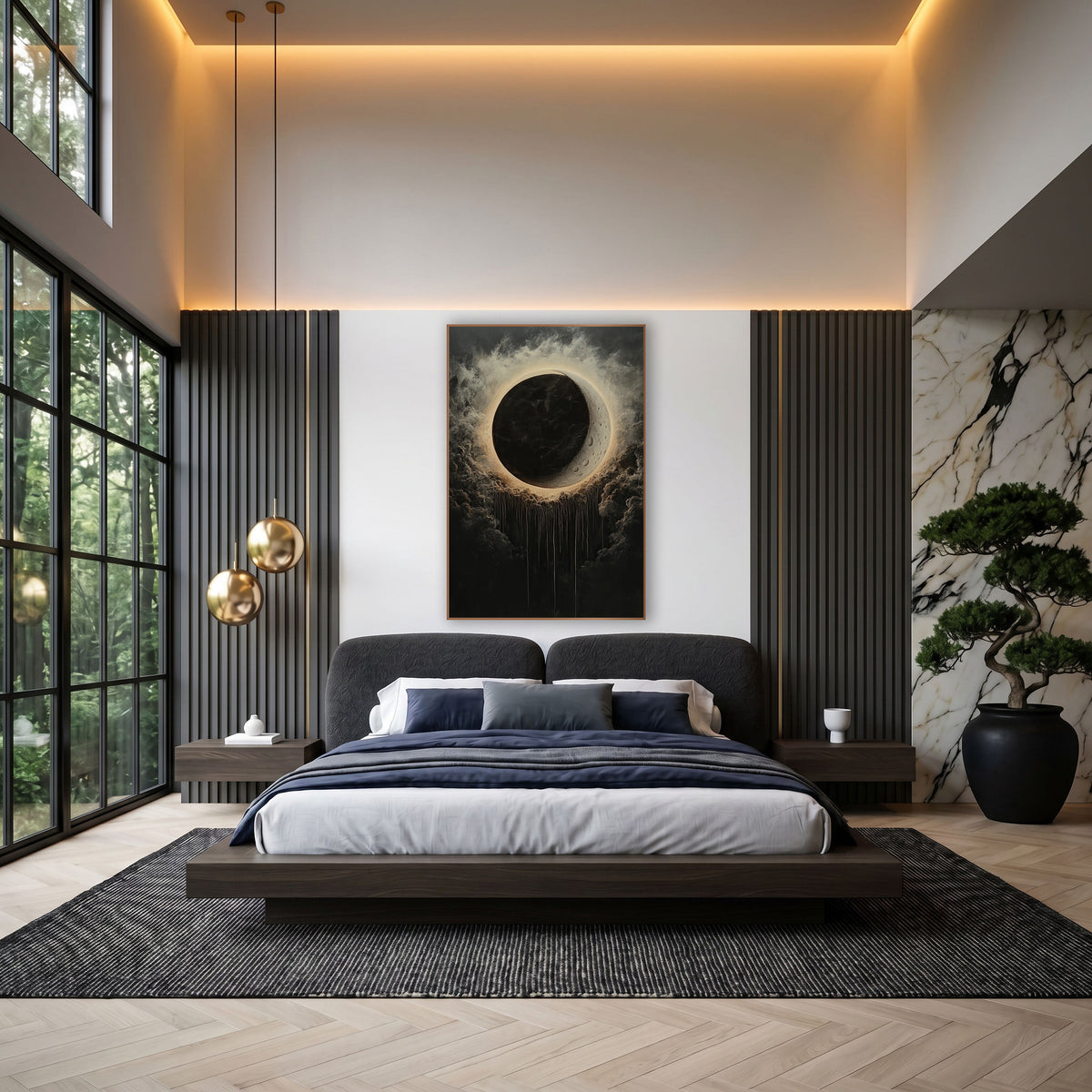 Dark Eclipse Halo Celestial Luxe wall art in an elegant modern room – black eclipse with a glowing cream halo