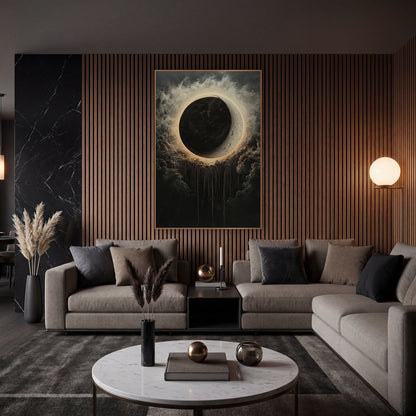 Dark Eclipse Halo Celestial Luxe wall art in an elegant modern room – black eclipse with a glowing cream halo