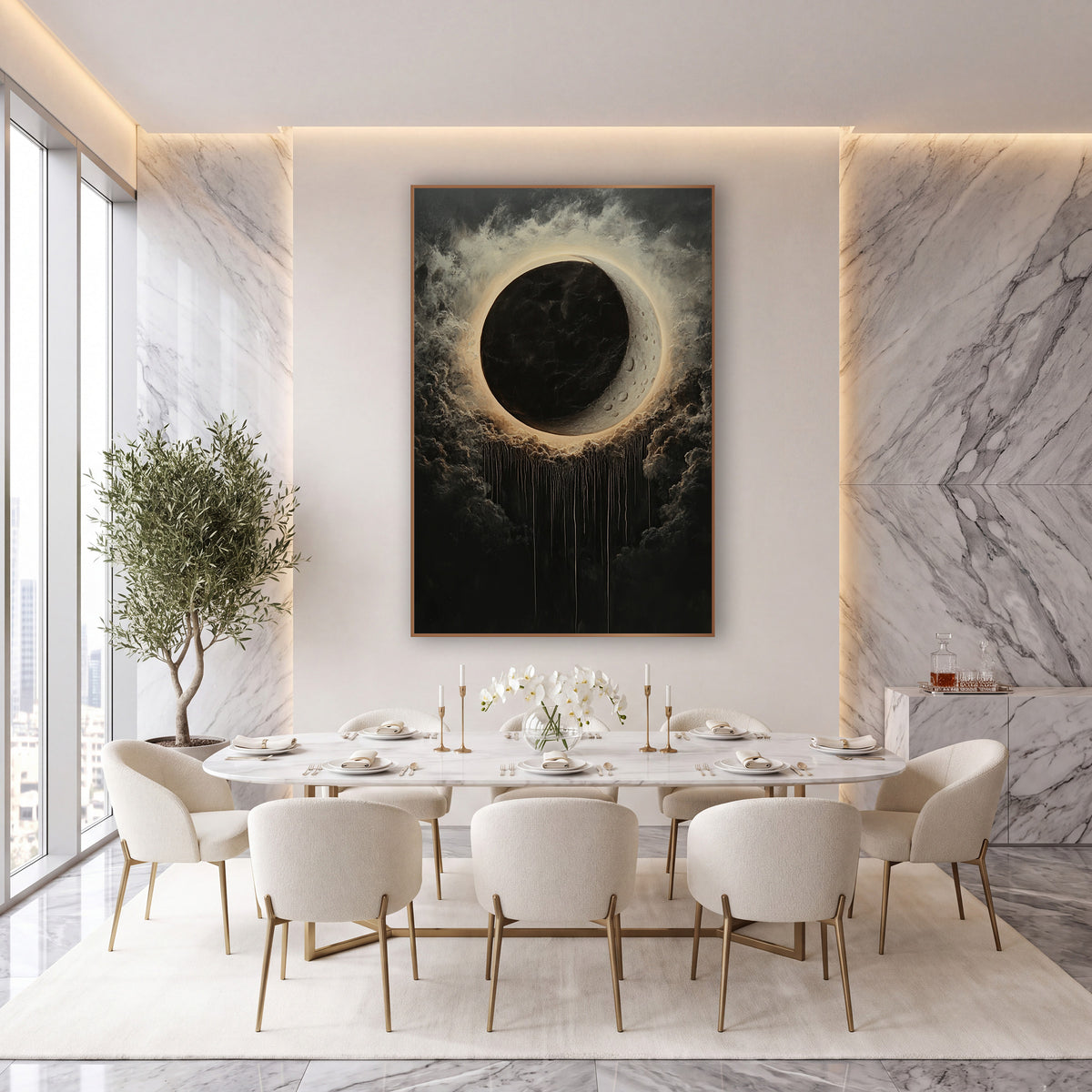 Dark Eclipse Halo Celestial Luxe wall art in an elegant modern room – black eclipse with a glowing cream halo