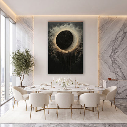 Dark Eclipse Halo Celestial Luxe wall art in an elegant modern room – black eclipse with a glowing cream halo