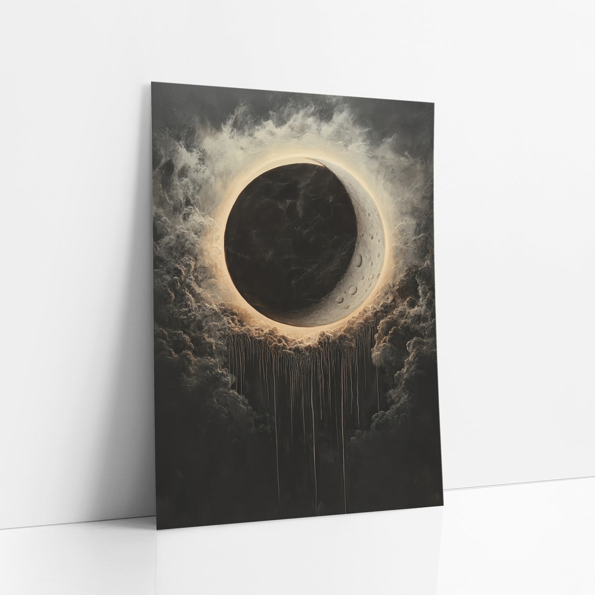Dark Eclipse Halo Celestial Luxe art print leaning against a white wall – black eclipse with a glowing cream halo, cratered