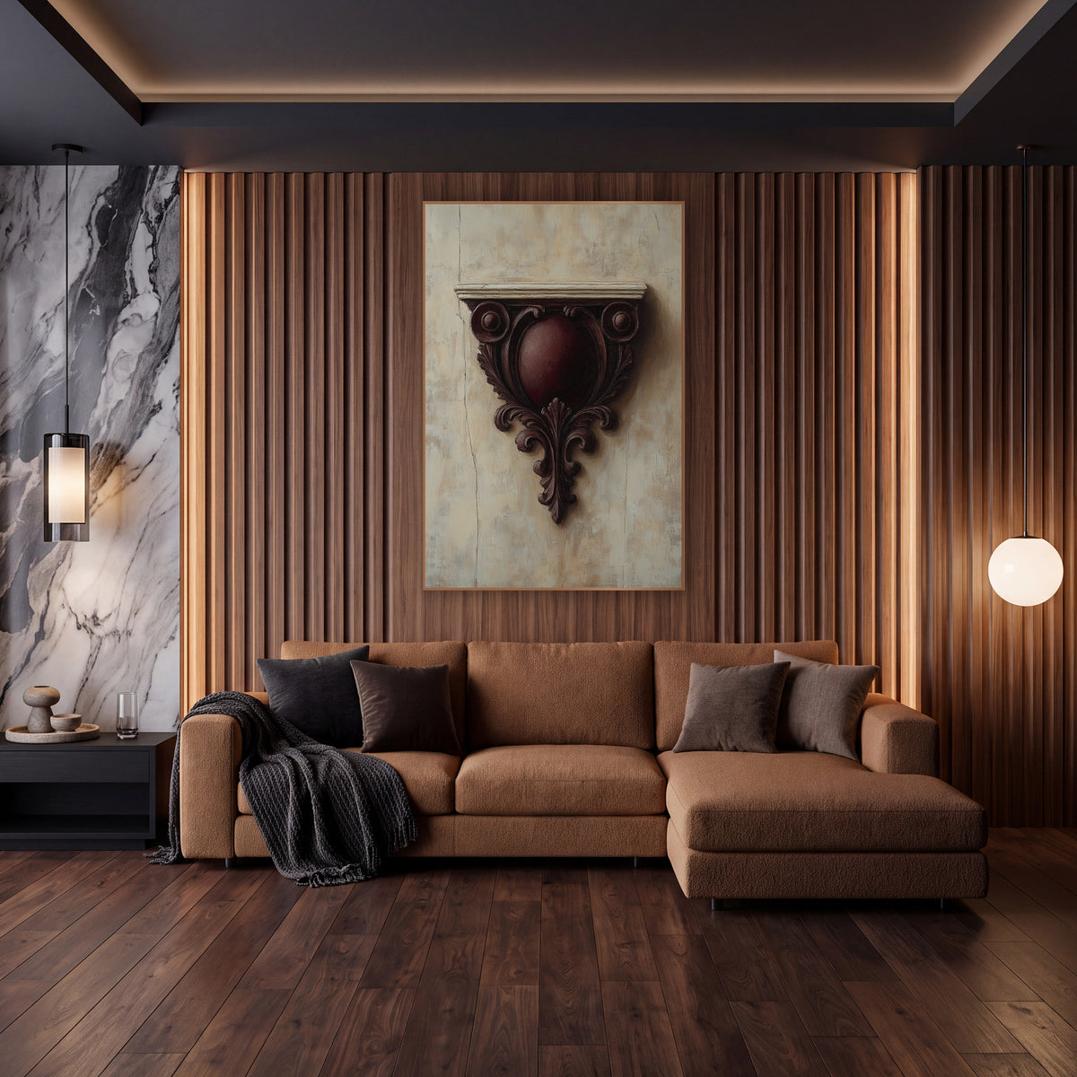 Burgundy Carved Corbel Classical wall art in an elegant modern room – carved burgundy wall bracket with scrolls