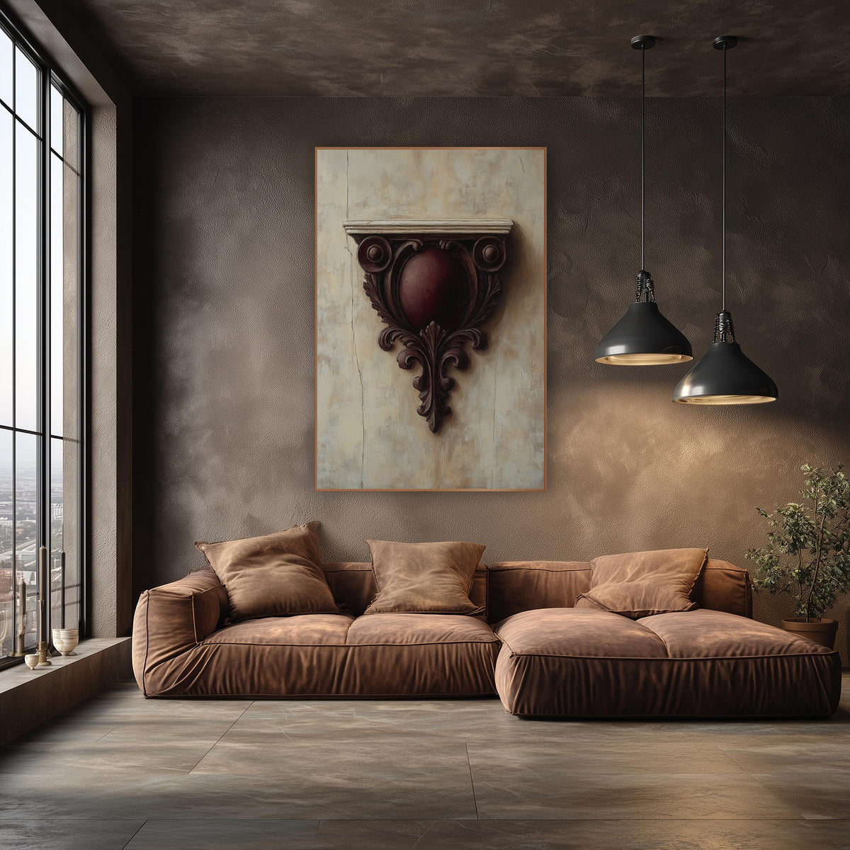 Burgundy Carved Corbel Classical wall art in an elegant modern room – carved burgundy wall bracket with scrolls