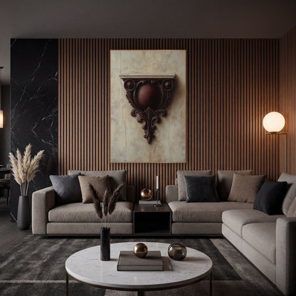 Burgundy Carved Corbel Classical wall art in an elegant modern room – carved burgundy wall bracket with scrolls