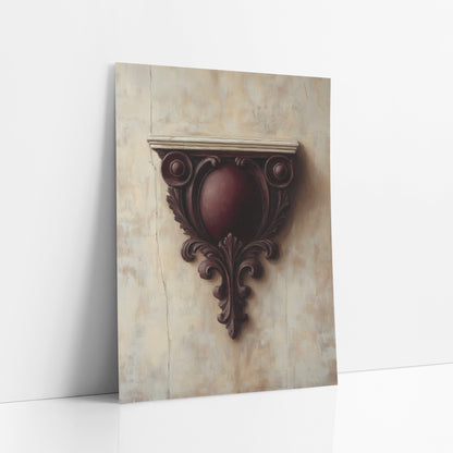 Burgundy Carved Corbel Classical art print leaning against a white wall – carved burgundy wall bracket with scrolls