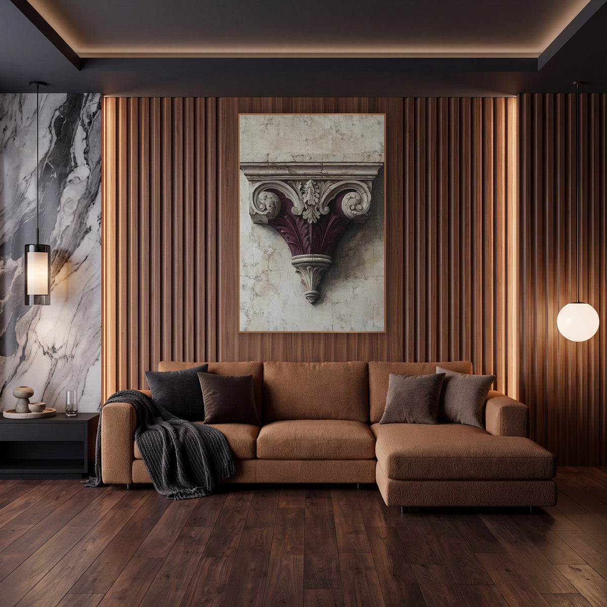 Burgundy Scrolled Corbel Architectural Luxury wall art in an elegant modern room – carved classical bracket