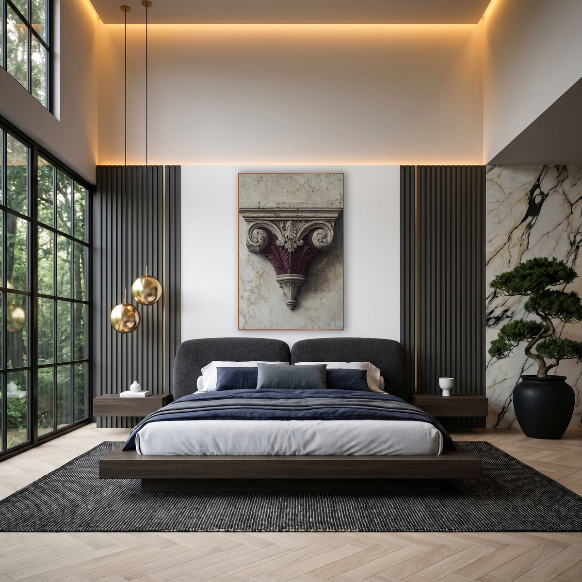 Burgundy Scrolled Corbel Architectural Luxury wall art in an elegant modern room – carved classical bracket