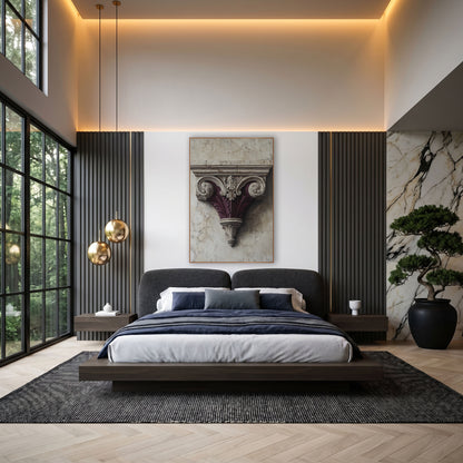 Burgundy Scrolled Corbel Architectural Luxury wall art in an elegant modern room – carved classical bracket