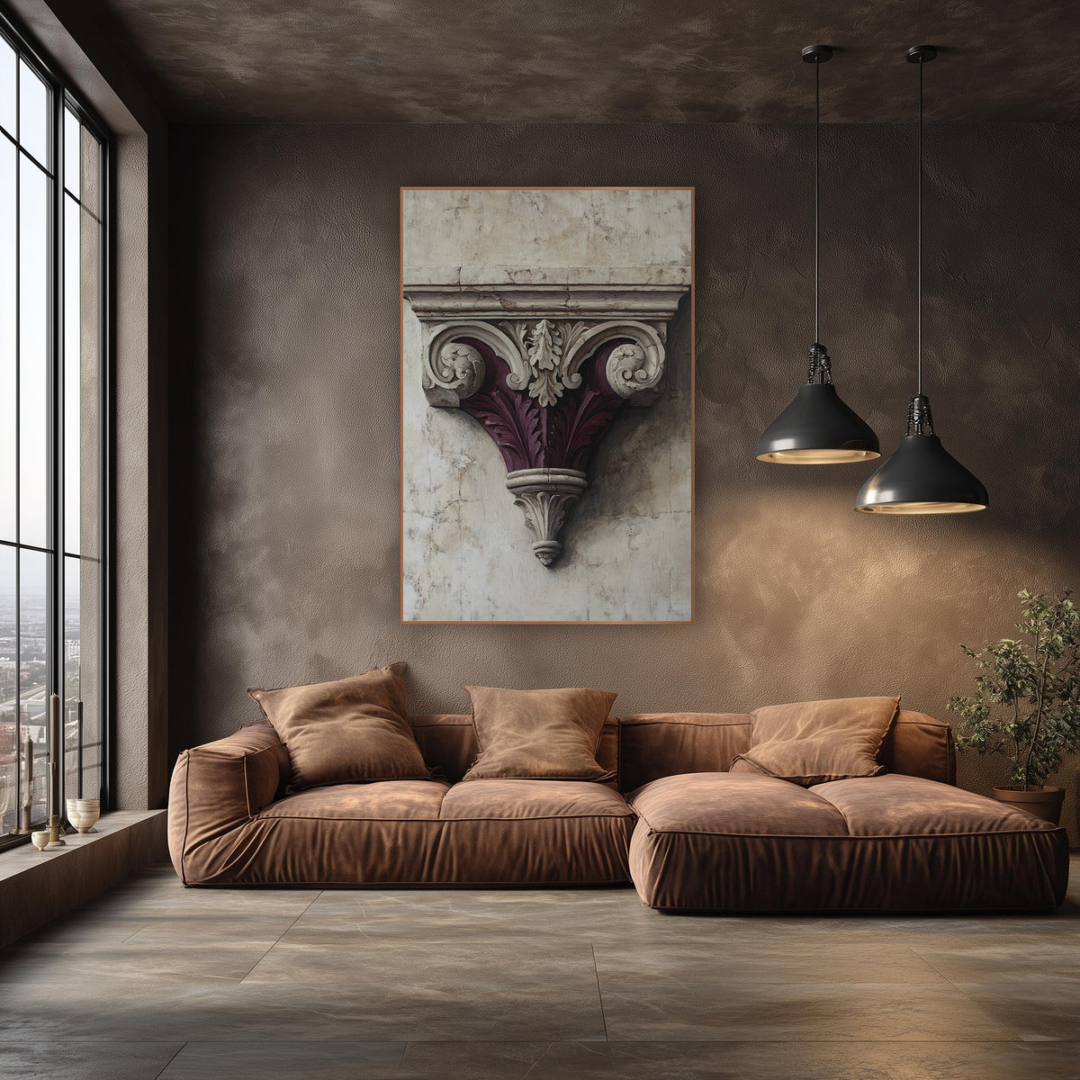 Burgundy Scrolled Corbel Architectural Luxury wall art in an elegant modern room – carved classical bracket