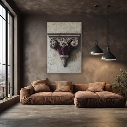 Burgundy Scrolled Corbel Architectural Luxury wall art in an elegant modern room – carved classical bracket