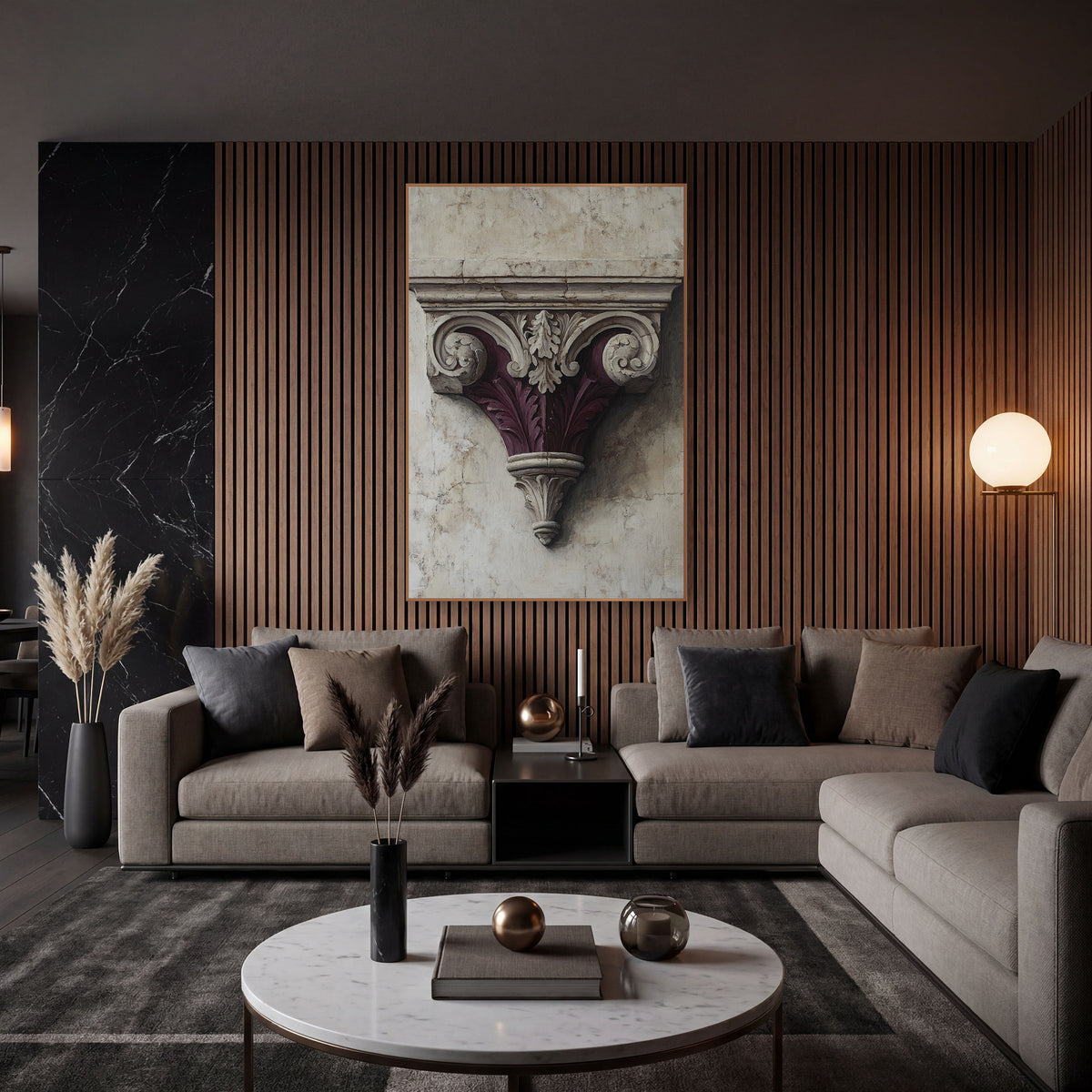 Burgundy Scrolled Corbel Architectural Luxury wall art in an elegant modern room – carved classical bracket